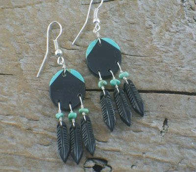 Native American War Shield Feather Dangles Earrings Jet 